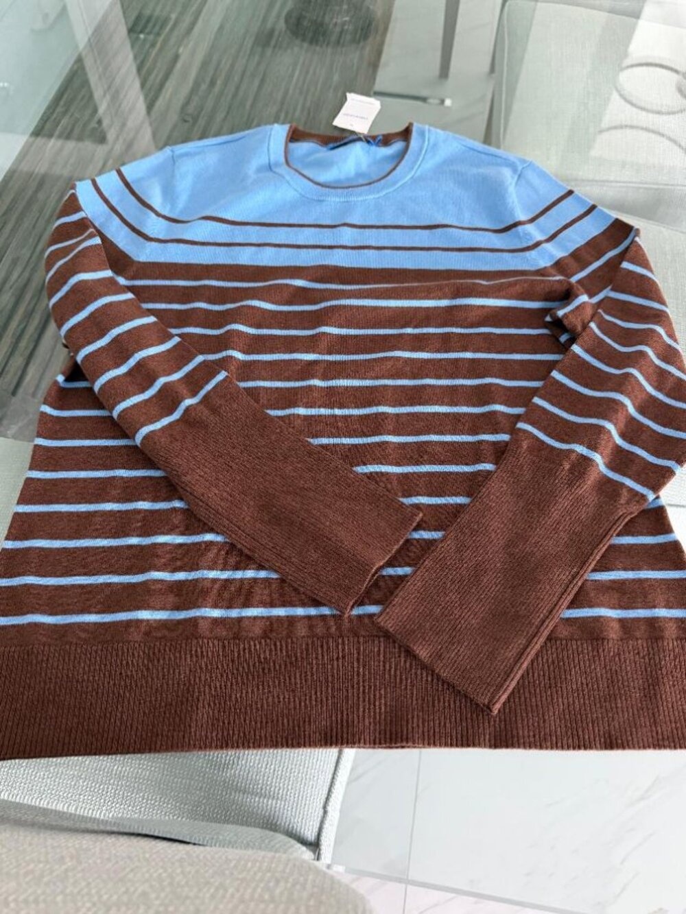 J. Mclaughlin Blue And Brown Striped Cotton Modal Crewneck Size L